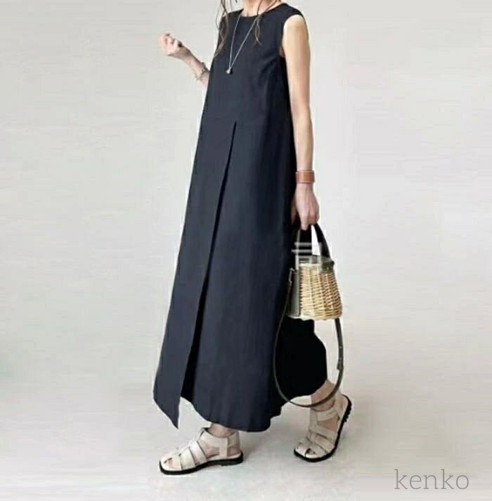 【送料無料】夏 ノースリーブ きれいめ ロング レディース リネン風 二の腕カバー 体型カバー 50代 40代 30代 お洒落 可愛い ベージュ ブラッ