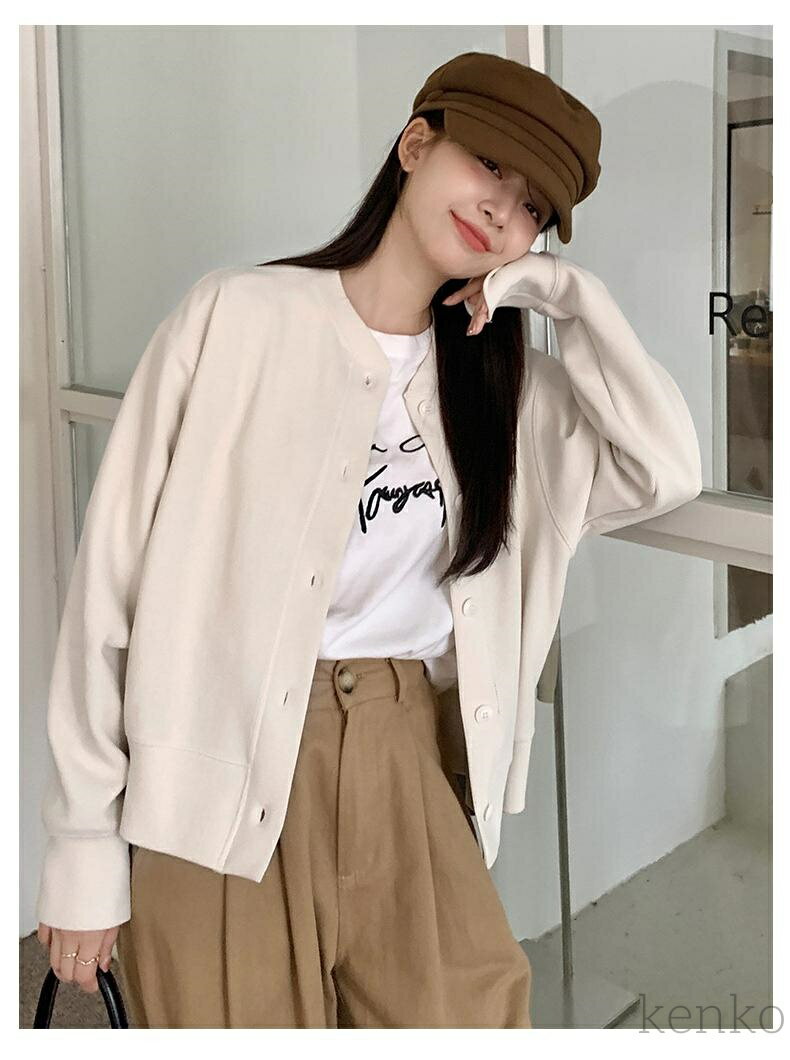 【送料無料】レディース 春 ジャケット ハーフコート スウェットトップス 前開き トップス ラウンドネック 秋 ボタン付き アウター 女性 春ジ