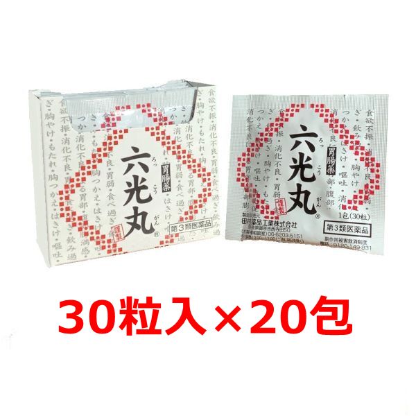 商品詳細 広告文責 社名：三重田村薬品株式会社 連絡先電話番号：0598-29-0011 メーカー名 田村薬品工業株式会社 奈良県御所市西寺田50 原産国 日本製 商品区分 第3類医薬品 添付文書の内容 商品説明文 六光丸第3類医薬品 使用上の注意 【相談すること】 1、次の人は服用前に医師、薬剤師又は登録販売者に相談すること (1)医師の治療を受けている人。 (2)妊婦又は妊娠していると思われる人。 成分・分量 1日量90粒中 センブリエキス0.18g(センブリ0.9gに相当) オウバク末0.9g ケイヒ末1.0g ソウジュツ末0.3g カンゾウ末0.45g ウルソデオキシコール酸33mg 添加物：寒梅粉、バレイショデンプン、薬用炭、アラビアゴム 効能・効果 食欲不振 消化不良 胃弱 食べ過ぎ 飲み過ぎ 胸やけ もたれ 胸つかえ はきけ(二日酔・悪酔のむかつき) 嘔吐 消化促進 消化不良による胃部・腹部膨満感 用法・用量 成人(15歳以上)　1回30粒 11歳以上15歳未満　1回20粒 8歳以上11歳未満　1回15粒 5歳以上8歳未満　1回10粒 3歳以上5歳未満　1回7粒 いずれも1日3回食後、お湯又は水で服用すること。 3歳未満は服用しないこと。 (1)小児に服用させる場合には、保護者の指導監督のもとに服用させること。 (2)3歳以上の幼児に服用させる場合には、薬剤がのどにつかえることのないよう、よく注意すること。 保管及び取り扱い上の注意 (1)直射日光の当たらない湿気の少ない涼しい所に保管すること。 (2)小児の手の届かない所に保管すること。 (3)他の容器に入れ替えないこと（誤用の原因になったり品質が変わる）。 (4)使用期限を過ぎた製品は服用しないこと。 製造販売元 田村薬品工業株式会社 奈良県御所市西寺田50 お客様相談室 電話：06-6203-5151 受付時間：10：00〜17：00（土、日、祝日を除く） リスク区分 リスク区分 第3類医薬品 医薬品の使用期限 使用期限 使用期限まで1年以上あるものをお送りします。 医薬品販売に関する記載事項（必須記載事項）はこちら
