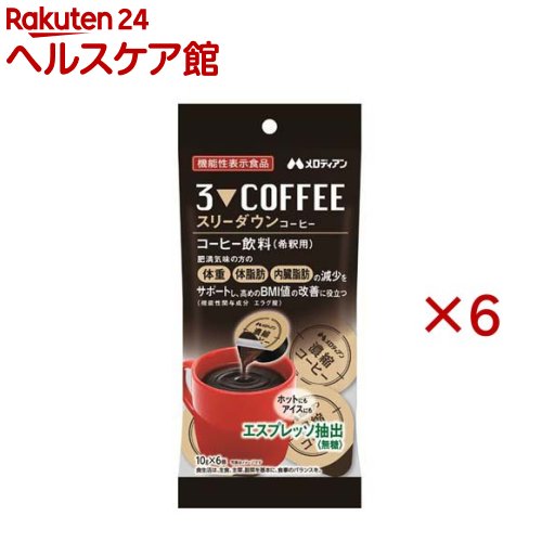お店TOP＞健康食品＞機能性表示食品＞機能性表示食品全部＞スリーダウンコーヒー (6個入×6セット(1個10g))商品区分：機能性表示食品(J672)【スリーダウンコーヒーの商品詳細】●いつものコーヒーを置き換えるだけ！おいしく健康をサポート！【保健機能食品表示】届出表示：本品にはエラグ酸が含まれています。エラグ酸は肥満気味の方の体重、体脂肪、血中中性脂肪、内臓脂肪、ウエスト周囲径の減少をサポートし、高めのBMI値の改善に役立つことが報告されています。【1日あたりの摂取目安量】3個(30g)【使用方法】15倍希釈【召し上がり方】140mlの水やお湯、牛乳、豆乳などに本品1個を入れ、よく混ぜてお召し上がりください。【品名・名称】コーヒー飲料(希釈用)【スリーダウンコーヒーの原材料】コーヒー(国内製造、ブラジル製造)、ざくろエキスパウダー／セルロース【栄養成分】1日摂取目安量3個(30g)当たりエネルギー：16kcal、たんぱく質：1.1g、脂質：0g、炭水化物：2.9g(糖類：0g)、食塩相当量：0.11g機能性関与成分 エラグ酸：3mg【規格概要】60g(10g×6個)【保存方法】直射日光や高温多湿を避けて保存してください。【注意事項】・本品は、事業者の責任において特定の保健の目的が期待できる旨を表示するものとして、消費者庁長官に届出されたものです。ただし、特定保健用食品と異なり、消費者庁長官による個別審査を受けたものではありません。・本品は、疾病の診断、治療、予防を目的としたものではありません。・本品は、疾病に罹患している者、未成年者、妊産婦(妊娠を計画している者を含む。)及び授乳婦を対象に開発された食品ではありません。・疾病に罹患している場合は医師に、医薬品を服用している場合は医師、薬剤師に相談してください。・体調に異変を感じた際は、速やかに摂取を中止し、医師に相談してください。・本品は多量摂取により疾病が治癒したり、より健康が増進するものではありません。1日摂取目安量を守ってください。・容器開封後は一度に使い切ってください。・原材料に由来する油脂分・成分が白色または茶色の固まりとなり、浮遊・沈殿する場合がありますが品質には問題ありません。・外袋開封後は袋の口を閉じて保存し、お早めにご使用ください。・食生活は、主食、主菜、副菜を基本に、食事のバランスを。【原産国】日本【ブランド】メロディアン【発売元、製造元、輸入元又は販売元】メロディアン※説明文は単品の内容です。リニューアルに伴い、パッケージ・内容等予告なく変更する場合がございます。予めご了承ください。・単品JAN：4902390559853メロディアン大阪府八尾市旭ヶ丘1丁目33番地0120-328750広告文責：楽天グループ株式会社電話：050-5577-5042[機能性表示食品/ブランド：メロディアン/]