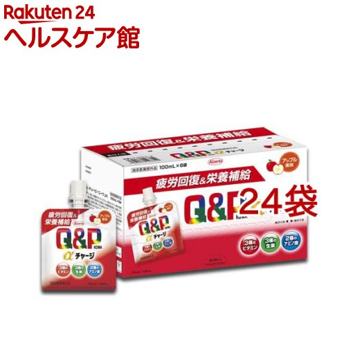 お店TOP＞健康食品＞医薬部外品＞医薬部外品 目的別＞滋養強壮・肉体疲労の栄養補給に＞キューピーコーワαチャージ アップル風味 (6袋入×4セット(1袋100ml))商品区分：医薬部外品【キューピーコーワαチャージ アップル風味の商品詳細】●疲労回復＆栄養補給のWアプローチ！【販売名】キューピーコーワJK【効能 効果】・疲労の回復、予防・体力、身体抵抗力又は集中力の維持、改善・虚弱体質(加齢による身体虚弱を含む。)に伴う身体不調の改善、予防・日常生活における栄養不良に伴う身体不調の改善、予防・疲れやすい、疲れが残る、体力がない、身体が重い、身体がだるい、肩、首、腰又は膝の不調、・冷えやすい、血行が悪い、肌の不調(肌荒れ、肌の乾燥)、二日酔いに伴う食欲の低下、だるさ・病中病後の体力低下時、発熱を伴う消耗性疾患時、食欲不振時、妊娠授乳期又は産前産後等の栄養補給【用法 用量】成人(15歳以上)1回1袋、1日1回服用してください。【品名・名称】キューピーコーワαチャージ アップル風味【成分】100mL中))有効成分)オキソアミヂン： 50mg、エゾウコギエキス： 30mg(エゾウコギとして600mg)、トチュウ葉流エキス： 0.2ml(トチュウヨウとして200mg)、タウリン ：1500mg、L-アルギニン塩酸塩： 50mg、チアミン硝化物(V.B1)： 10mg、リボフラビンリン酸エステルナトリウム(V.B2) ：5mg[リボフラビン(V.B2)として3.93mg]、ピリドキシン塩酸塩(V.B6) ：10mg、無水カフェイン： 50mgその他成分)白糖、果糖ブドウ糖液糖、D-ソルビトール、DL-リンゴ酸、安息香酸Na、パラベン、カンテン、ローカストビーンガム、キサンタンガム、香料、プロピレングリコール、エタノール(アルコール0.12mL以下)【保存方法】成人(15歳以上)1回1袋、1日1回服用してください。【注意事項】1.服用後、次の症状があらわれた場合は副作用の可能性がありますので、直ちに服用を中止し、この製品を持って医師、薬剤師又は登録販売者に相談してください皮膚：発疹等2.しばらく服用しても症状がよくならない場合は服用を中止し、この製品を持って医師、薬剤師又は登録販売者に相談してください【原産国】日本【発売元、製造元、輸入元又は販売元】興和※説明文は単品の内容です。商品に関するお電話でのお問い合わせは、下記までお願い致します。受付時間：平日9：00〜17：00(土、日、祝祭日はお休みです)OTC(一般薬)医薬品・化粧品：03-3279-7755ライフサポート品(雑貨品)：03-3279-7560食料・飲料：03-3279-7159パワードコーヒー：0120-362-508リニューアルに伴い、パッケージ・内容等予告なく変更する場合がございます。予めご了承ください。・単品JAN：4987973128312興和103-8433 東京都中央区日本橋本町三丁目4-14 ※お問合せ番号は商品詳細参照-広告文責：楽天グループ株式会社電話：050-5577-5042[滋養強壮・栄養補給]