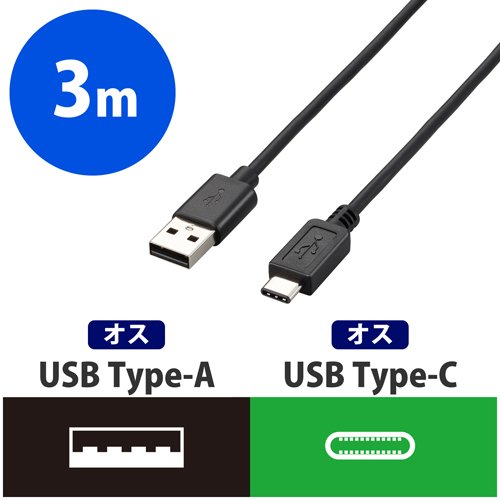 エレコム USBケーブル USB2.0 C-A Type-Cコネクタ 3A出力 ブラック 規格認証品 3.0m(1個)【エレコム(ELECOM)】