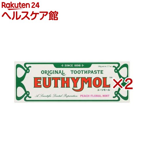 お店TOP＞日用品＞オーラルケア＞歯磨き(ハミガキ)＞歯磨き粉＞EUTHYMOL(ユーシモール) ピーチフローラル (106g×2セット)商品区分：化粧品【EUTHYMOL(ユーシモール) ピーチフローラルの商品詳細】●125年以上愛される英国オーラルブランド「ユーシモール」。●レトロ可愛いパッケージが特徴で、洗面台で映えるクラシックな英国スタイルのデザイン。●ピンク色のペースト＆レトロなアルミチューブで洗面台をおしゃれに彩ります。●毎日のブラッシングで気になる口臭を予防して歯を白く。●ピーチフローラルのポップな香りにすっきりとしたミントの好印象的なフレーバー。【販売名】ユーシモール ピーチフローラルの香り ＜歯みがき＞【使用方法】適量を歯ブラシにとり、歯及び口腔内を清掃してください。【成分】リン酸2Ca二水和物(研磨剤)、水(溶剤)、[ソルビトール、グリセリン](湿潤剤)、ラウリル硫酸Na(発泡剤)、香料(ピーチフローラルタイプ)(香味剤)、[シリカ、カラギーナン](粘度調整剤)、オレイン酸ソルビタン(発泡剤)、サッカリンNa(香味剤)、セルロースガム(粘度調整剤)、酸化チタン(着色剤)、酢酸トコフェロール(安定剤)、[赤227、黄5](着色剤)、[ユーカリ葉エキス、チモール](香味剤)【注意事項】・発疹、かゆみ等の異常が現れたときは使用を中止してください。・目に入ったときはこすらずすぐに水で洗い流してください。・いずれの場合も異常が残るときは商品を持参し、医師にご相談ください。【原産国】韓国【発売元、製造元、輸入元又は販売元】銀座ステファニー化粧品※説明文は単品の内容です。リニューアルに伴い、パッケージ・内容等予告なく変更する場合がございます。予めご了承ください。・単品JAN：4571537797573銀座ステファニー化粧品105-0004 東京都港区新橋1-10-6広告文責：楽天グループ株式会社電話：050-5577-5042[歯磨き粉 ハミガキ]