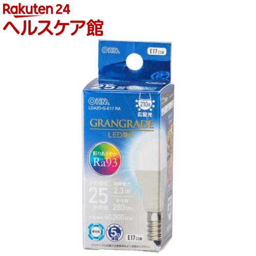 お店TOP＞家電＞電球・蛍光灯＞LED電球＞LED電球(E17 口金)＞LED電球小形E17 25形相当 昼光色 (1個)【LED電球小形E17 25形相当 昼光色の商品詳細】●彩りあざやかRa93「GRANGRADE」LED電球●自然光に近いあざやかさ●小形電球25形相当の明るさ●光の広がり約210度の広配光タイプ●密閉器具対応●断熱材施工器具対応●昼光色●口金 E17●LED5年保証対象商品【規格概要】寸法：全長：69mm、外径：35mm質量：17g定格消費電力：2.3W定格入力電流：0.038A全光束：280 lmエネルギー消費効率：121.7 lm／W平均演色評価数：Ra93定格寿命：40000h※屋内用(屋外使用禁止)※交流 100V 50／60Hz 共用【注意事項】※次のような器具には使用できません。調光機能のついた器具(100％点灯でも使用不可)誘導灯、非常用照明器具HIDランプ器具、水銀灯器具直流電源※このほか使用器具の種類によって寸法的、熱的、その他の状況(リモコン機器のついた器具など)により使用できない場合があります。※ご使用になられる照明器具の構造によっては、放熱不良で短寿命となることがあります。※密閉器具でのご使用の場合、器具の寸法により、使用できない場合や寿命が短くなる場合があります。※人感スイッチなど自動点滅装置や遅れ停止スイッチなどには使用できない場合があります。※交流100V、周波数50／60Hz以外の電源では使用しないでください。※ランプ周囲温度が40度を超える場所では使用しないでください。【原産国】中国【ブランド】OHM【発売元、製造元、輸入元又は販売元】オーム電機リニューアルに伴い、パッケージ・内容等予告なく変更する場合がございます。予めご了承ください。オーム電機342-8502 埼玉県吉川市旭3-8 東埼玉テクノポリス0120-963-006広告文責：楽天グループ株式会社電話：050-5577-5042[照明器具/ブランド：OHM/]