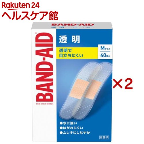 お店TOP＞衛生医療＞絆創膏＞絆創膏全部＞絆創膏全部＞バンドエイド 透明 Mサイズ (40枚入×2セット)商品区分：一般医療機器(届出番号：13B3X10349000004)【バンドエイド 透明 Mサイズの商品詳細】●貼り心地が良く、端からはがれにくい「オーバル形」を採用。●ユニークなカタチがパッド部分(創傷部分)にかかるストレスを軽減します。また、テープの端が丸くなったことではがれにくい。●透明タイプなので顔などの目立つところの傷に最適です。大切な日にも、ばんそうこうを気にせず過ごせます。●すべてのバンドエイド(R)は滅菌済です。【販売名】バンドエイド fe【規格概要】・テープサイズ：19*76mm【注意事項】・創傷面を清潔にし、パッド部分をあててテープで固定してください。1日1〜2回は貼りかえるようにしてください。・パッド部分が汚れたり水にぬれたときは、新しいものに貼りかえ、傷口を清潔に保ってください。・皮膚刺激の原因になることがあるので、テープを同じところに繰り返し貼らないでください。・使用後はがすときは、患部やまわりの皮膚を痛めないようにゆっくりとはがしてください。・本品の使用により、発疹、発赤、かゆみ、かぶれ等の症状があらわれた場合には、使用を中止し、医師または薬剤師にご相談ください。・直射日光を避け、小児の手の届かない所に保管してください。・テープの包装が開封・破損されない限り、滅菌効果が保たれます。・個包装紙の糊には、天然ゴムラテックスを使用しています。ラテックスアレルギーの方はご注意ください。【原産国】中国【ブランド】バンドエイド(BAND-AID)【発売元、製造元、輸入元又は販売元】JNTLコンシューマーヘルス株式会社※説明文は単品の内容です。商品に関するお電話でのお問合せは、下記までお願いいたします。健康関連用品：0120-101110 受付時間9：00-17：00(土・日・祝日を除く)(リステリン(R)、バンドエイド(R)、ニュートロジーナ(R)、アビーノ(R)、ジョンソン(R)ベビー、ジョンソン(R)ボディケアなど)リニューアルに伴い、パッケージ・内容等予告なく変更する場合がございます。予めご了承ください。・単品JAN：4901730230216JNTLコンシューマーヘルス株式会社150-0012 東京都渋谷区広尾1-1-390120-101110広告文責：楽天グループ株式会社電話：050-5577-5042[衛生用品/ブランド：バンドエイド(BAND-AID)/]
