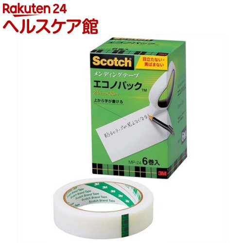 お店TOP＞ホーム＆キッチン＞文房具＞接着・梱包用品＞テープ＞スコッチ メンディングテープ エコノパック MP-24 (6巻入)【スコッチ メンディングテープ エコノパック MP-24の商品詳細】●アセテート・フィルムを採用したハイクオリティなテープです。●テープの上から文字が書けます。●貼るとテープはほとんど見えなくなります。●表面はつや消し加工され、光らず自然で、コピーをとってもほとんど影が出ません。●湿気や紫外線に強く、セロハンテープに比べ、変質・変色しにくい【規格概要】巻芯径・・・76mサイズ・・・24mm*30m【原産国】アメリカ【ブランド】スコッチ (Scotch)【発売元、製造元、輸入元又は販売元】スリーエムジャパン商品に関するお電話でのお問合せは、下記までお願いいたします。ホームケア製品(スコッチブライト)：0120-510-733コンシューマーヘルスケア製品(ネクスケア)：0120-510-862エーワン製品：0120-112-621文具製品(ポストイット、スコッチ)：0120-510-333安全衛生製品：0570-011-321リニューアルに伴い、パッケージ・内容等予告なく変更する場合がございます。予めご了承ください。(SCOTCH すこっち めんでぃんぐてーぷ えこのぱっく)スリーエムジャパン141-0001 東京都品川区北品川6-7-29※お問合せ番号は商品詳細参照広告文責：楽天グループ株式会社電話：050-5577-5042[文房具/ブランド：スコッチ (Scotch)/]