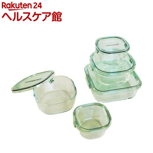 イワキ(iwaki) パック＆レンジ角型5点セット グリーン PSC-PRN-5G(1セット)【イワキ(iwaki)】[耐熱ガラス 保存容器 電子レンジ オーブン 食洗機]