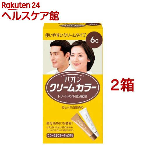 お店TOP＞化粧品＞ヘアケア＞白髪染め＞白髪染め 女性用＞パオンクリームカラー 6G (2箱セット)商品区分：医薬部外品【パオンクリームカラー 6Gの商品詳細】●クリーム状なので部分染めに便利です●自然な褐色【販売名】パオン クリームカラーb 6-G、クリームデベロパー 40 a【原産国】タイ【ブランド】パオン【発売元、製造元、輸入元又は販売元】ヘンケルジャパン※説明文は単品の内容です。リニューアルに伴い、パッケージ・内容等予告なく変更する場合がございます。予めご了承ください。・単品JAN：4987234130207ヘンケルジャパン140-0002 東京都品川区東品川2-2-803-5783-4271広告文責：楽天グループ株式会社電話：050-5577-5042[ヘアカラー/ブランド：パオン/]