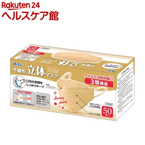 立体不織布カラーマスク 三層構造 ベージュ(50枚)