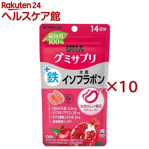 お店TOP＞健康食品＞ミネラル＞鉄＞鉄分＞UHAグミサプリ 鉄+大豆イソフラボン 14日分 (28粒入×10セット)【UHAグミサプリ 鉄+大豆イソフラボン 14日分の商品詳細】●いつでもどこでも美味しく栄養摂取できるグミ剤形のサプリメントです。●植物性の原材料のみ※で作っております。●1日2粒で1日分の鉄と食物繊維を美味しくお召し上がりいただけます。●大豆イソフラボン、ザクロエキス末を配合のグミサプリです。※食品添加物をのぞく【召し上がり方】1日2粒を目安によく噛んでお召し上がりください。【品名・名称】大豆イソフラボン含有食品【UHAグミサプリ 鉄+大豆イソフラボン 14日分の原材料】砂糖(国内製造)、水飴、食物繊維、濃縮りんご果汁、大豆抽出物(イソフラボン含有)、ザクロ果実エキス末／甘味料(ソルビトール)、ゲル化剤(ペクチン)、酸味料、クエン酸第一鉄ナトリウム、香料、光沢剤、着色料(紫ニンジン)、マンニトール(一部に大豆・りんごを含む)【栄養成分】2粒(標準8g)当たりエネルギー：26kcal、たんぱく質：0g、脂質：0g、炭水化物：6.7g(糖質：6.1g、食物繊維：0.6g)、食塩相当量：0.05g、鉄：6.8mg(100％)、イソフラボンアグリコン：25mg、ザクロ果実エキス末：2mg()内の数値は栄養素等表示基準値(18歳以上、基準熱量2200kcal)に占める割合です。【アレルギー物質】大豆、りんご【保存方法】直射日光、高温多湿を避け、保存してください。【注意事項】・本品は、多量摂取により疾病が治癒したり、より健康が増進するものではありません。・1日の摂取目安量を守ってください。・妊娠・授乳中の方、お子様はお召し上がりにならないでください。・他のイソフラボン含有栄養補助食品との併用はお控えください。・万一体質に合わない場合は、摂取を中止してください。・薬を服用中あるいは通院中の方は、医師とご相談の上お召し上がりください。・歯科治療材がとれる場合がありますのでご注意ください。・開封後は、チャックをしっかり閉めてお早めにお召し上がりください。・お子様の手の届かないところに保管してください。・高温のところに放置しますと製品がやわらかくなり付着したり、変形することがあります。・時間の経過により色が変化したり、グミ表面が白くにごることがあります。また、原料由来の黒い粒等が見えることがありますが、品質には問題ありません。・本製品は動物由来の原材料を含む製品と共通の設備で製造しています。【原産国】日本【ブランド】グミサプリ【発売元、製造元、輸入元又は販売元】UHA味覚糖※説明文は単品の内容です。リニューアルに伴い、パッケージ・内容等予告なく変更する場合がございます。予めご了承ください。・単品JAN：4902750752849UHA味覚糖639-1031 奈良県大和郡山市今国府町137-50120-653-910広告文責：楽天グループ株式会社電話：050-5577-5042[ミネラル サプリメント/ブランド：グミサプリ/]