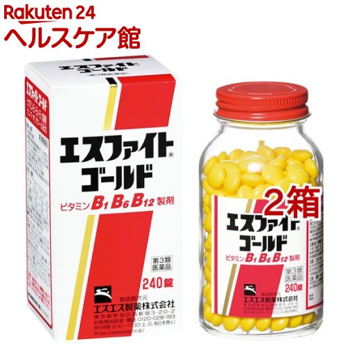 お店TOP＞医薬品＞ビタミン剤・栄養剤＞ビタミン剤 目的別＞ビタミン剤 眼精疲労・肩こり・腰痛＞エスファイト ゴールド (240錠*2箱セット)お一人様2セットまで。医薬品に関する注意文言【医薬品の使用期限】使用期限120日以上の商品を販売しております商品区分：第三類医薬品【エスファイト ゴールドの商品詳細】●エスファイトゴールドは、眼精疲労、肩こり、腰痛によく効きます。神経や筋肉の機能維持に必要なビタミンB1・B6・B12に加えて自律神経の働きをたすけるガンマ-オリザノールを配合しています。●エネルギーの発生に欠くことのできないビタミンB1を、吸収効率のよいビスベンチアミン(2分子のビタミンB1からなる)として配合しています。●肉体疲労時や病中病後などにはビタミンの需要が増大し、不足しがちです。このような場合のビタミンB1・B6・B12の補給に役立ちます。【効能 効果】・次の諸症状の緩和：神経痛、筋肉痛・関節痛(腰痛、肩こり、五十肩など)、手足のしびれ、眼精疲労「ただし、これらの症状について、1ヵ月ほど使用しても改善がみられない場合は、医師又は薬剤師に相談してください」・次の場合のビタミンB1・B6・B12の補給：肉体疲労時、妊娠・授乳期、病中病後の体力低下時【用法 用量】(年齢：1回量：1日服用回数)成人(15才以上)：1錠：2〜3回11才〜14才：1錠：1〜2回5才〜10才：1錠：1回5才未満：服用しないことただし、1日2回服用する場合は朝晩、1日3回服用する場合は朝昼晩、水又はぬるま湯で服用してください。★用法・用量に関連する注意(1)用法・用量を厳守してください。(2)食前・食後にかかわらず服用できます。(3)小児に服用させる場合には、保護者の指導監督のもとに服用させてください。【成分】(3錠中)ビスベンチアミン(ビタミンB1誘導体)：100mg、ピリドキシン塩酸塩(ビタミンB6)：100mg、シアノコバラミン(ビタミンB12)：1500μg、ガンマ-オリザノール：10mg添加物：無水ケイ酸、セルロース、乳糖、白糖、ヒドロキシプロピルセルロース、ヒプロメロース、D-マンニトール、炭酸Ca、カルナウバロウ、ステアリン酸Mg、タルク、酸化チタン、バレイショデンプン、プルラン、ポリオキシエチレンポリオキシプロピレングリコール、ビタミンB2【注意事項】★相談すること1.服用後、次の症状があらわれた場合は副作用の可能性があるので、直ちに服用を中止し、この説明書を持って医師、薬剤師又は登録販売者に相談してください(関係部位：症状)皮膚：発疹消化器：吐き気・嘔吐2.服用後、次の症状があらわれることがあるので、このような症状の持続又は増強が見られた場合には、服用を中止し、医師、薬剤師又は登録販売者に相談してください 軟便、下痢3.1ヵ月位服用しても症状がよくならない場合は服用を中止し、この説明書を持って医師、薬剤師又は登録販売者に相談してください★保管及び取り扱い上の注意(1)直射日光の当たらない湿気の少ない涼しい所にビンのフタをよくしめて保管してください。(2)小児の手の届かない所に保管してください。(3)他の容器に入れ替えないでください。(誤用の原因になったり品質が変わることがあります。)(4)本剤をぬれた手で扱わないでください。ぬれた手で扱うと、糖衣にムラができたり、変色したりすることがあります。(5)ビンの中のつめ物は、輸送中に錠剤が破損するのを防ぐためのものです。開封後は不要となりますので取り除いてください。(6)使用期限をすぎたものは服用しないでください。【医薬品販売について】1.医薬品については、ギフトのご注文はお受けできません。2.医薬品の同一商品のご注文は、数量制限をさせていただいております。ご注文いただいた数量が、当社規定の制限を越えた場合には、薬剤師、登録販売者からご使用状況確認の連絡をさせていただきます。予めご了承ください。3.効能・効果、成分内容等をご確認いただくようお願いします。4.ご使用にあたっては、用法・用量を必ず、ご確認ください。5.医薬品のご使用については、商品の箱に記載または箱の中に添付されている「使用上の注意」を必ずお読みください。6.アレルギー体質の方、妊娠中の方等は、かかりつけの医師にご相談の上、ご購入ください。7.医薬品の使用等に関するお問い合わせは、当社薬剤師がお受けいたします。TEL：050-5577-5042email：kenkocom_4@shop.rakuten.co.jp【原産国】日本【ブランド】エスファイト【発売元、製造元、輸入元又は販売元】エスエス製薬※説明文は単品の内容です。リニューアルに伴い、パッケージ・内容等予告なく変更する場合がございます。予めご了承ください。(ES FIGHT GOLD えすふぁいとごーるど)・単品JAN：4987300025420広告文責：楽天グループ株式会社電話：050-5577-5042・・・・・・・・・・・・・・[滋養強壮・肉体疲労/ブランド：エスファイト/]