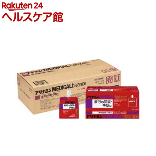 お店TOP＞健康食品＞医薬部外品＞医薬部外品 目的別＞滋養強壮・肉体疲労の栄養補給に＞アリナミンメディカルバランス グレープ風味 (100ml*36袋入)商品区分：医薬部外品【アリナミンメディカルバランス グレープ風味の商品詳細】●疲労の回復・予防の効能を持ったアリナミンのパウチドリンク。●抗疲労成分フルスルチアミンに加え、ビタミンB2・B6、タウリン、ローヤルゼリーを配合。【販売名】アリナミン(R)メディカルバランスS【効能 効果】・疲労の回復・予防・体力、身体抵抗力または集中力の維持・改善・日常生活における栄養不良に伴う身体不調の改善・予防：肩、首、腰または膝の不調、疲れやすい、疲れが残る、体力がない、身体が重い、身体がだるい、二日酔いに伴う食欲の低下、だるさ、目の疲れ・病中病後の体力低下時、発熱を伴う消耗性疾患時、食欲不振時、妊娠授乳期または産前産後等の栄養補給【用法 用量】15歳以上は1日1回1袋(100ml)を服用してください・用法・用量を守ること(他のビタミン等を含有する製品を同時に使用する場合には過剰摂取等に注意すること)【成分】1袋(100ml)中フルスルチアミン塩酸塩(ビタミンB1誘導体)：1.5mgリボフラビンリン酸エステルナトリウム(ビタミンB2リン酸エステル)：2.54mgピリドキシン塩酸塩(ビタミンB6)：10mgニコチン酸アミド：25mgL-アスパラギン酸ナトリウム水和物：125mgタウリン(アミノエチルスルホン酸)：1000mg無水カフェイン：50mgローヤルゼリーエキスS：20mg(ローヤルゼリー200mgに相当)添加物：プロピレングリコール、DL-リンゴ酸、水アメ、ブドウ糖、白糖、アセスルファムカリウム、精製ステビア抽出物、安息香酸Na、パラベン、カンテン、グァーガム、キサンタンガム、香料、エタノール、グリセリン、l-メントール、無水クエン酸、pH調整剤・本剤の服用により尿が黄色くなることがありますが、リボフラビンリン酸エステルナトリウムによるものなので心配ありません【注意事項】服用に際して、袋の表示を必ず読むこと★使用上の注意＜相談すること＞1.服用後、次の症状があらわれた場合は副作用の可能性があるので、直ちに服用を中止し、この袋を持って医師、薬剤師または登録販売者に相談すること[関係部位：症状]皮膚：発疹消化器：胃部不快感2.服用後、次の症状があらわれることがあるので、このような症状の持続または増強が見られた場合には、服用を中止し、この袋を持って医師、薬剤師、または登録販売者に相談すること 下痢3.しばらく服用しても症状がよくならない場合は服用を中止し、この袋を持って医師、薬剤師または登録販売者に相談すること★保管および取扱い上の注意・凍結させないこと ・直射日光の当たらない涼しい所に保管すること・小児の手のとどかない所に保管すること・使用期限を過ぎた製品は服用しないこと【原産国】日本【ブランド】アリナミン【発売元、製造元、輸入元又は販売元】アリナミン製薬株式会社リニューアルに伴い、パッケージ・内容等予告なく変更する場合がございます。予めご了承ください。アリナミン製薬株式会社541-0045 大阪市中央区道修町四丁目1番1号0120-56-7087広告文責：楽天グループ株式会社電話：050-5577-5042[滋養強壮・栄養補給/ブランド：アリナミン/]