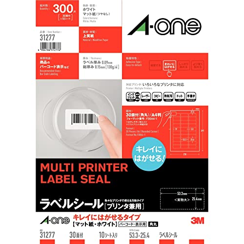 商品概要 キレイにはがせるタイプ　マット紙・ホワイト 仕様 A4判 30面 四辺余白付 角丸 各種表示用のラベルが手軽にキレイに作れます。再はくりタイプです。 入数 10シート(300片) シートサイズ A4判 （210×297mm） 一片サイズ 53.3mm×25.4mm 面付 30面 3列×10段 厚み 130.0g/㎡（0.15mm） ラベル・カード厚み 0.09mm 材質 上質紙 用紙特性 マット/ 白色度 90% 製造元 エーワン(A-one) 検索用文言 プリンタ兼用ラベル 再はくり 30面 10枚 広告文責 株式会社ケンコーエクスプレス TEL:03-6411-5513いろいろなプリンタで印刷できるマルチタイプのラベルです。 各種表示用のラベルが手軽にキレイに作れます。再はくりタイプです。