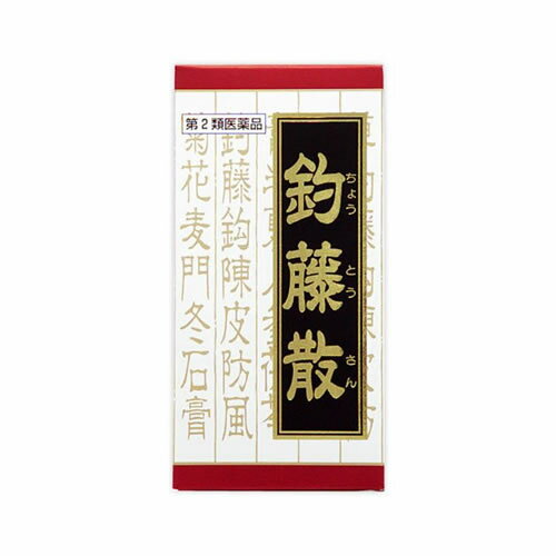 使用上の注意 ●相談すること 1.次の人は服用前に医師又は薬剤師に相談してください (1)医師の治療を受けている人 (2)妊婦又は妊娠していると思われる人 (3)胃腸が弱く下痢しやすい人 (4)今までに薬により発疹・発赤、かゆみ等を起こしたことがある人 2.次の場合は、直ちに服用を中止し、この文書を持って医師又は薬剤師に相談してください (1)服用後、次の症状があらわれた場合 関係部位 症状 皮 ふ 発疹・発赤、かゆみ 消化器 食欲不振、胃部不快感 (2)1ヵ月位服用しても症状がよくならない場合 効果・効能 慢性に続く頭痛で中年以降、または高血圧の傾向のあるもの 用法・用量 次の量を1日3回食前又は食間に水又は白湯にて服用。 年齢 1回量 1日服用回数 成人(15才以上) 4錠 3回 15才未満 服用しないこと 成分・分量 成人1日の服用量12錠(1錠400mg)中、次の成分を含んでいます。 釣藤散料エキス粉末：1800mg (チョウトウコウ・チンピ・バクモンドウ・ハンゲ・ブクリョウ各1.5g、ボウフウ・キクカ・ニンジン各1.0g、セッコウ2.5g、ショウキョウ・カンゾウ各0.5gより抽出) 添加物として、トウモロコシデンプン、セルロース、ケイ酸Al、CMC-Ca、ステアリン酸Mgを含有する。 **成分に関連する注意** 本剤は天然物(生薬)のエキスを用いていますので、錠剤の色が多少異なることがあります。 保管及び取扱い上の注意 (1)直射日光の当たらない湿気の少ない涼しい所に保管してください。(ビン包装の場合は、密栓して保管してください。なお、ビンの中の詰物は、輸送中に錠剤が破損するのを防ぐためのものです。開栓後は不要となりますのですててください) (2)小児の手の届かない所に保管してください。 (3)他の容器に入れ替えないでください。(誤用の原因になったり品質が変わります) (4)使用期限のすぎた商品は服用しないでください。 (5)水分が錠剤につきますと、変色または色むらを生じることがありますので、誤って水滴を落としたり、ぬれた手で触れないでください。 製造元 クラシエ薬品株式会社 お客様相談窓口 03(5446)3334 受付時間 10：00-17：00(土、日、祝日を除く) ●発売元 クラシエ薬品株式会社 東京都港区海岸3-20-20(108-8080) ●製造販売元 クラシエ製薬株式会社 東京都港区海岸3-20-20(108-8080) リスク区分 第2類医薬品 広告文責 株式会社ケンコーエクスプレス 薬剤師:岩崎喜代美 TEL:03-6411-5513慢性に続く頭痛に ●慢性に続く頭痛で、中年以降、または高血圧の傾向にある場合に効果がある錠剤タイプの痛み止めです ●釣藤散は、中国の医書「類証普剤本事方（ルイショウフサイホンジホウ）」に収載されている薬方です。 ●医薬品。 ●初回購入の場合や不明点がある場合は購入前に薬剤師に相談してください。