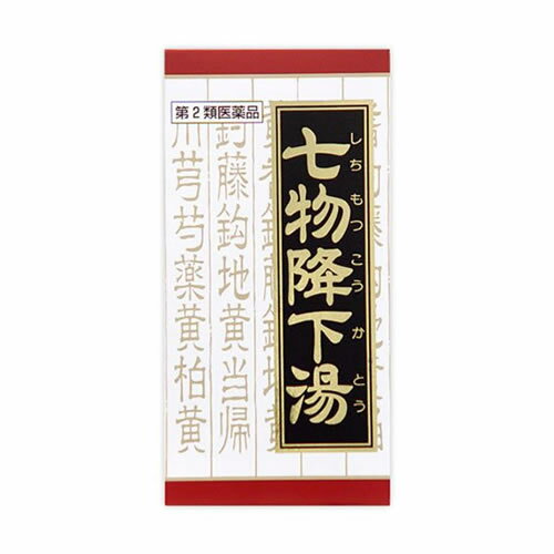 使用上の注意 ●相談すること 1.次の人は服用前に医師又は薬剤師に相談してください (1)医師の治療を受けている人 (2)妊婦又は妊娠していると思われる人 (3)胃腸が弱く下痢しやすい人 2.次の場合は、直ちに服用を中止し、この文書を持って医師又は薬剤師に相談してください (1)服用後、次の症状があらわれた場合 関係部位 症状 皮 ふ 発疹・発赤、かゆみ 消化器 食欲不振、胃部不快感 (2)1ヵ月位服用しても症状がよくならない場合 3.次の症状があらわれることがありますので、このような症状の継続又は増強が見られた場合には、服用を中止し、医師又は薬剤師に相談してください 下痢 効果・効能 身体虚弱の傾向のあるものの次の諸症：高血圧に伴う随伴症状(のぼせ、肩こり、耳鳴り、頭重) 用法・用量 次の量を1日3回食前又は食間に水又は白湯にて服用。 年齢 1回量 1日服用回数 成人(15才以上) 4錠 3回 15才未満 服用しないこと 成分・分量 成人1日の服用量12錠(1錠400mg)中、次の成分を含んでいます。 七物降下湯エキス粉末：2000mg (チョウトウコウ2.0g、ジオウ・トウキ・センキュウ・シャクヤク・オウギ各1.5g、オウバク1.0gより抽出) 添加物として、セルロース、ケイ素Al、CMC-Ca、ステアリン酸Mgを含有する。 **成分に関連する注意** 本剤は天然物(生薬)のエキスを用いていますので、錠剤の色が多少異なることがあります。 保管及び取扱い上の注意 (1)直射日光の当たらない湿気の少ない涼しい所に保管してください。(ビン包装の場合は、密栓して保管してください。なお、ビンの中の詰物は、輸送中に錠剤が破損するのを防ぐためのものです。開栓後は不要となりますのですててください) (2)小児の手の届かない所に保管してください。 (3)他の容器に入れ替えないでください。(誤用の原因になったり品質が変わります) (4)使用期限のすぎた商品は服用しないでください。 (5)水分が錠剤につきますと、変色または色むらを生じることがありますので、誤って水滴を落としたり、ぬれた手で触れないでください。 製造元 クラシエ薬品株式会社 お客様相談窓口 03(5446)3334 受付時間 10：00-17：00(土、日、祝日を除く) ●発売元 クラシエ薬品株式会社 東京都港区海岸3-20-20(108-8080) ●製造販売元 クラシエ製薬株式会社 東京都港区海岸3-20-20(108-8080) リスク区分 第2類医薬品 広告文責 株式会社ケンコーエクスプレス 薬剤師:岩崎喜代美 TEL:03-6411-5513高血圧に伴う随伴症状（のぼせ、肩こり、耳なり、頭重）に 日本の漢方医学者・大塚敬節氏が、自身の高血圧症を治療するために創方した錠剤タイプの薬方です。 身体虚弱の傾向がある人で、高血圧に伴う随伴症状（のぼせ、肩こり、耳なり、頭重）に効果があります。 医薬品。 ●初回購入の場合や不明点がある場合は購入前に薬剤師に相談してください。