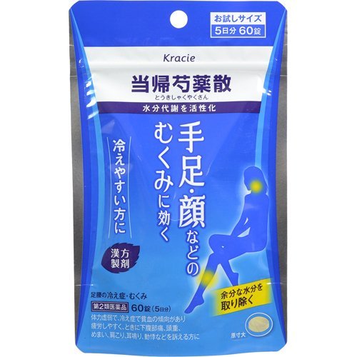 使用上の注意 ●相談すること 1.次の人は服用前に医師、薬剤師又は登録販売者に相談してください (1)医師の治療を受けている人 (2)胃腸の弱い人 (3)今までに薬などにより発疹・発赤、かゆみ等を起こしたことがある人 2.服用後、次の症状があらわれた場合は副作用の可能性があるので、直ちに服用を中止し、この文書を持って医師、薬剤師又は登録販売者に相談してください 関係部位 症状 皮膚 発疹・発赤、かゆみ 消化器 食欲不振、胃部不快感 3.1ヵ月位服用しても症状がよくならない場合は服用を中止し、この文書を持って医師、薬剤師又は登録販売者に相談してください 効能・効果 体力虚弱で、冷え症で貧血の傾向があり疲労しやすく、ときに下腹部痛、頭重、めまい、肩こり、耳鳴り、動悸などを訴えるものの次の諸症：月経不順、月経異常、月経痛、更年期障害、産前産後あるいは流産による障害(貧血、疲労倦怠、めまい、むくみ)、めまい・立ちくらみ、頭重、肩こり、腰痛、足腰の冷え症、しもやけ、むくみ、しみ、耳鳴り 用法・用量 次の量を1日3回食前又は食間に水又は白湯にて服用。 成人(15才以上)：1回4錠 15才未満7才以上：1回3錠 7才未満5才以上：1回2錠 5才未満は服用しないこと 【用法・用量に関連する注意】 小児に服用させる場合には、保護者の指導監督のもとに服用させてください。 成分・分量 成人1日の服用量12錠(1錠400mg)中、次の成分を含んでいます。 トウキ末：409mg センキュウ末：409mg シャクヤク末：546mg ブクリョウ末：546mg ソウジュツ末：546mg タクシャ末：546mg 添加物として、ヒドロキシプロピルセルロース、ケイ酸Al、ステアリン酸Mg、セルロースを含有する。 【成分に関連する注意】 本剤は天然物(生薬)のエキスを用いていますので、錠剤の色が多少異なることがあります。 保管および取扱い上の注意 (1)直射日光の当たらない湿気の少ない涼しい所に密栓して保管してください。 (2)小児の手の届かない所に保管してください。 (3)他の容器に入れ替えないでください。(誤用の原因になったり品質が変わります。) (4)ビンの中の詰物は、輸送中に錠剤が破損するのを防ぐためのものです。開栓後は不要となりますのですててください。 (5)使用期限のすぎた商品は服用しないでください。 (6)水分が錠剤につきますと、変色または色むらを生じることがありますので、誤って水滴を落としたり、ぬれた手で触れないでください。 製造元 お客様相談窓口 TEL：03-5446-3334 受付時間：10：00-17：00(土、日、祝日を除く) 発売元 クラシエ薬品株式会社 東京都港区海岸3-20-20 製造販売元 クラシエ製薬株式会社 東京都港区海岸3-20-20 リスク区分 第2類医薬品 製造元 クラシエ Kracie 検索用文言 【第2類医薬品】クラシエ 当帰芍薬散 60錠 広告文責 株式会社ケンコーエクスプレス 薬剤師:岩崎喜代美 TEL:03-6411-5513 使用期限：出荷時120日以上医薬品販売に関する記載事項 高さ：160（mm）　幅：30（mm）　奥行：100（mm）代謝を高めて、むくみと足腰の冷え症に効く漢方薬 ●からだを温めながら水分代謝を高めて、むくみと足腰の冷え症に効く漢方薬です。 ●冷え症の人は、からだから体温を逃がさないようにするため、血管が収縮し血行が悪化しやすくなります。そのため水分の代謝が悪くなり、むくみを引き起こしやすくなります。 ●当帰芍薬散は、冷え症でむくみやすい方のからだを温めながら水分代謝を高め余分な水分を取り除くことで、むくみ、足腰の冷え症を治します。 ●医薬品。 ●初回購入の場合や不明点がある場合は購入前に薬剤師に相談してください。