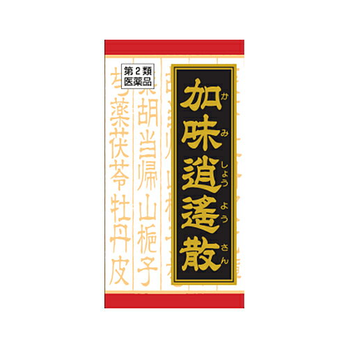 ご使用上の注意 ●相談すること 1.次の人は服用前に医師又は薬剤師に相談してください (1)医師の治療を受けている人 (2)妊婦又は妊娠していると思われる人 (3)胃腸の弱い人 (4)今までに薬により発疹・発赤, かゆみ等を起こしたことがある人 2.次の場合は, 直ちに服用を中止し, この文書を持って医師又は薬剤師に相談してください (1)服用後, 次の症状があらわれた場合 ［関係部位：症状］ 皮ふ：発疹・発赤, かゆみ 消化器：悪心・嘔吐, 食欲不振, 胃部不快感 (2)まれに次の重篤な症状が起こることがあります。その場合は直ちに医師の診療を受けてください。 ［症状の名称：症状］ 肝機能障害：全身のだるさ, 黄疸（皮ふや白目が黄色くなる）等があらわれる。 (3)1ヵ月位服用しても症状がよくならない場合 3．次の症状があらわれることがありますので, このような症状の継続又は増強が見られた場合には, 服用を中止し, 医師又は薬剤師に相談してください。下痢 【保管及び取扱い上の注意】 (1)直射日光の当たらない湿気の少ない涼しい所に保管してください。 (2)小児の手の届かない所に保管してください。 (3)他の容器に入れ替えないでください。(誤用の原因になったり品質が変わります) (4)使用期限のすぎた商品は服用しないでください。 (5)1包を分割した残りを服用する時は、袋の口を折り返して保管し、2日をすぎた場合には服用しないでください。 効能 体力中等度以下で、のぼせ感があり、肩がこり、疲れやすく、精神不安やいらだちなどの精神神経症状、ときに便秘の傾向のあるものの次の諸症：冷え症、虚弱体質、月経不順、月経困難、更年期障害、血の道症、不眠症 成分 成人1日の服用量12錠（1錠380mg）中 加味逍遙散エキス（3/5量）…2,460mg 〔トウキ・シャクヤク・ビャクジュツ・ブクリョウ・サイコ各1.8g、ボタンピ・サンシシ各1.2g、カンゾウ0.9g、ショウキョウ0.3g、ハッカ0.6gより抽出。〕 添加物として、セルロース、二酸化ケイ素、クロスCMC-Na、クロスポビドン、ステアリン酸Mgを含有する。 用法・容量 1日3回食前又は食間に水又は白湯にて服用。 成人（15才以上） …1回4錠 15才未満7才以上 …1回3錠 7才未満5才以上　 …1回2錠 5才未満は服用しないこと 剤形 錠剤（素錠） 内容量 180錠（15日分） リスク区分 第二類医薬品 製造元 クラシエ薬品株式会社 検索用文言 【第2類医薬品】クラシエ 加味逍遙散(かみしょうようさん) 180錠 赤箱(肩こり、イライラ、疲れ) 広告文責 株式会社ケンコーエクスプレス 薬剤師:岩崎喜代美 TEL:03-6411-5513 使用期限：出荷時120日以上医薬品販売に関する記載事項ホルモンバランスが乱れ、肩がこり、疲れやすくイライラなどある方に ●「加味逍遙散」は、漢方の古典といわれる中国の医書『和剤局方［ワザイキョクホウ］』に収載されている薬方です。 ●疲れやすい方の冷え症や、生理不順などに効果があります。 ●初回購入の場合や不明点がある場合は購入前に薬剤師に相談してください。