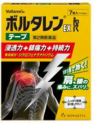 使用上の注意 ●してはいけないこと (守らないと現在の症状が悪化したり、副作用が起こりやすくなります。) 1.次の人は使用しないでください。 (1)本剤又は本剤の成分によりアレルギー症状を起こしたことがある人 (2)ぜんそくを起こしたことがある人 (3)妊婦又は妊娠していると思われる人 (4)15才未満の小児 2.次の部位には使用しないでください。 (1)目の周囲、粘膜等 (2)湿疹、かぶれ、傷口 (3)みずむし・たむし等又は化膿している患部 3.本剤を使用している間は、他の外用鎮痛消炎剤を使用しないでください。 4.連続して2週間以上使用しないでください。 ●相談すること 1.次の人は使用前に医師、薬剤師又は登録販売者に相談してください。 (1)医師の治療を受けている人 (2)他の医薬品を使用している人 (3)薬などによりアレルギー症状を起こしたことがある人 (4)テープ剤でかぶれ等を起こしたことがある人 (5)次の診断を受けた人 消化性潰瘍、血液障害、肝臓病、腎臓病、高血圧、心臓病、インフルエンザ (6)次の医薬品の投与を受けている人 ニューキノロン系抗菌剤、トリアムテレン、リチウム、メトトレキサート、非ステロイド性消炎鎮痛剤(アスピリン等)、ステロイド剤、利尿剤、シクロスポリン、選択的セロトニン再取り込み阻害剤 (7)高齢者 2.使用中又は使用後、次の症状があらわれた場合は副作用の可能性があるので、直ちに使用を中止し、この外箱を持って医師、薬剤師又は登録販売者に相談してください。 関係部位 症状 皮ふ 発疹・発赤、かゆみ、かぶれ、はれ、痛み、刺激感、熱感、皮ふのあれ、落屑(らくせつ)(フケ、アカのような皮ふのはがれ)、水疱、色素沈着 まれに下記の重篤な症状が起こることがあります。その場合は直ちに医師の診療を受けてください。 症状の名称 症状 ショック(アナフィラキシー) 使用後すぐに、皮ふのかゆみ、じんましん、声のかすれ、くしゃみ、のどのかゆみ、息苦しさ、動悸、意識の混濁等があらわれます。 接触皮ふ炎、光線過敏症 貼付部に強いかゆみを伴う発疹・発赤、はれ、刺激感、水疱・ただれ等の激しい皮ふ炎症状や色素沈着、白斑があらわれ、中には発疹・発赤、かゆみ等の症状が全身にひろがることがあります。また、日光があたった部位に症状があらわれたり、悪化することがあります。 3.5-6日間使用しても症状がよくならない場合は使用を中止し、この外箱を持って医師、薬剤師又は登録販売者に相談してください。 効果・効能 腰痛、肩こりに伴う肩の痛み、関節痛、筋肉痛、腱鞘炎(手・手首の痛み)、肘の痛み(テニス肘など)、打撲、捻挫 用法・用量 プラスチックフィルムをはがし、1日1回1-2枚を患部に貼ってください。ただし、1回あたり2枚を超えて使用しないでください。なお、本成分を含む他の外用剤を併用しないでください。 【用法・用量に関する注意】 (1)定められた用法・用量を厳守してください。 (2)1回あたり24時間を超えて貼り続けないでください。さらに、同じ患部に貼りかえる場合は、その貼付部に発疹・発赤、かゆみ、かぶれなどの症状が起きていないことを確かめてから使用してください。 (3)本剤は、痛みやはれなどの原因となっている病気を治療するのではなく、痛みやはれなどの症状のみを治療する薬剤ですので、症状がある場合だけ使用してください。 (4)汗をかいたり、患部がぬれている時は、よく拭きとってから使用してください。 (5)皮ふの弱い人は、使用前に腕の内側の皮ふの弱い箇所に、1-2cm角の小片を目安として半日以上貼り、発疹・発赤、かゆみ、かぶれなどの症状が起きないことを確かめてから使用してください。 (6)使用部位に他の外用剤を併用しないでください。 成分・分量 (膏体100g中 ジクロフェナクナトリウム1g) 1枚(7cm×10cm)あたり膏体量1.5g ジクロフェナクナトリウム15mg配合 添加物：脂環族飽和炭化水素樹脂、スチレン・イソプレン・スチレンブロック共重合体、流動パラフィン、ポリイソブチレン、N-メチル-2-ピロリドン、ジブチルヒドロキシトルエン、l-メントール、その他2成分 保管及び取扱い上の注意 (1)直射日光の当たらない湿気の少ない涼しいところに保管してください。 (2)小児の手の届かないところに保管してください。 (3)他の容器に入れ替えないでください。(誤用の原因になったり品質が変わることがあります。) (4)品質保持のため、開封後の未使用分はもとの袋に入れ、開口部をきちんと閉めて保管してください。 (5)使用期限をすぎた製品は使用しないでください。なお、使用期限内であっても、開封後はなるべく速やかに使用してください。 製造元 ノバルティスファーマ 106-8618 東京都港区西麻布4-17-30 03-5766-2615 リスク区分 第2類医薬品 広告文責 株式会社ケンコーエクスプレス 薬剤師:岩崎喜代美 TEL:03-6411-5513腰などの面積の広い部位や、つらい慢性的な痛みに外出前、入浴後、就寝前の使用をおすすめ ●たて・よこ伸縮自在でテープが肌に密着し、有効成分が痛みのもとを狙って作用 ●有効成分が徐々に放出されるので、1日1回の使用でOK ●貼った部分から心地よい清涼感がじんわりと広がる ●粘着力を改善し、くっついてもはがしやすく、貼りなおしやすい