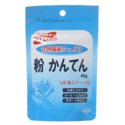 お召し上がり方 ・寒天ゼリーの作り方1.水300ccに添付スプーン3杯(約3g)を入れ、煮溶かします。 2.火を止め、砂糖・フルーツなど、お好みで味付けします。 3.型に流し、冷蔵庫で冷やしてできあがり。 ・その他にも・・・お茶、コーヒー、カップラーメンに添付スプーン1-3杯(約1-3g)をお好みで入れ、よくかき混ぜてお召し上がり下さい。 使用上の注意 ・食べ過ぎあるいは体質・体調によりお腹がゆるくなることがあります。 ・開封後はお早めにお召し上がりください。 ・火を使いますのでやけどにご注意ください。 ・開封後はお早めにお召し上がり下さい。 保存方法 直射日光・高温多湿を避け常温で保存 製造元 朝日 検索用文言 粉かんてん 40g 広告文責 株式会社ケンコーエクスプレス TEL:03-6411-5513 高さ：155（mm）　幅：100（mm）　奥行：45（mm）　重量：46（g）かんてん/粉末寒天/食物繊維/海藻/健康/ダイエット/朝日 ●厳選した海藻より抽出された粉寒天(粉末寒天)です。 ●寒天には食物繊維が含まれています。 ●ヘルシーメニューが手軽で簡単につくれます。 ●お茶・コーヒーに入れたり、デザート作りに。 ●1g計量スプーン付き。