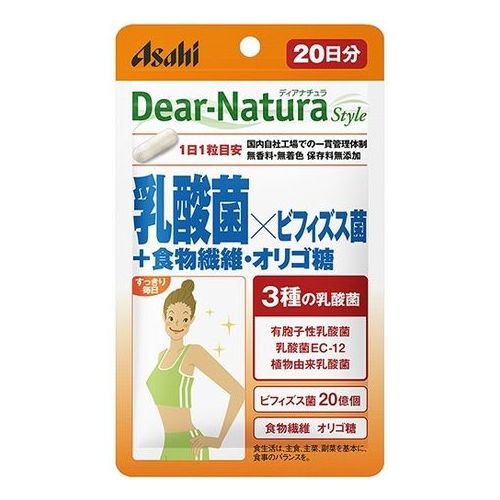 区分 栄養機能食品 原産国 日本 召し上がり方 1日1粒 原材料 難消化性デキストリン、デンプン、有胞子性乳酸菌末(乳糖、有胞子性乳酸菌)、ビフィズス菌末(デンプン、ビフィズス菌)、ガラクトオリゴ糖、殺菌乳酸菌末／HPMC、ステアリン酸Ca、微粒酸化ケイ素 成分 ※1日1粒(340mg)当たり エネルギー：0.98kcaL、たんぱく質：0.0054g、脂質：0.0044g、炭水化物：0.32g(糖質0.14g、食物繊維0.18g)、食塩相当量：0.00066g、有胞子性乳酸菌：1億個、ビフィズス菌：20億個、乳酸菌EC-12(殺菌)：1.8mg、乳酸菌(殺菌)：0.2mg、オリゴ糖：10mg 注意事項 ・1日の摂取目安量を守ってください。 ・原材料名をご確認の上、食物アレルギーのある方はお召し上がりにならないでください。 ・妊娠・授乳中の方は本品の摂取を避けてください。 ・乳幼児・小児は本品の摂取を避けてください。 ・体調や体質により、まれに身体に合わない場合や、発疹などのアレルギー症状が出る場合があります。 ・その場合は使用を中止してください。 ・小児の手の届かないところに置いてください。 ・天然由来の原料を使用しているため、斑点や色むらが見られる場合がありますが、品質に問題ありません。 製造元 アサヒグループ食品(アマノフーズ) 150-0022東京都渋谷区恵比寿南2-4-1 0120-988-668 検索用文言 【ゆうパケット配送対象】アサヒグループ食品ディアナチュラスタイル乳酸菌×ビフィズス菌+食物繊維・オリゴ糖20粒(ポスト投函追跡ありメール便) 広告文責 株式会社ケンコーエクスプレス TEL:03-6411-5513アサヒグループ食品 ディアナチュラ スタイル乳酸菌×ビフィズス菌+食物繊維・オリゴ糖 20粒 ●【ゆうパケット配送対象】アサヒグループ食品ディアナチュラスタイル乳酸菌×ビフィズス菌+食物繊維・オリゴ糖20粒(ポスト投函追跡ありメール便)の商品詳細 ●話題の乳酸菌3種とビフィズス菌に加えて、食物繊維・オリゴ糖もプラス。 ●毎日のスッキリにうれしい成分！