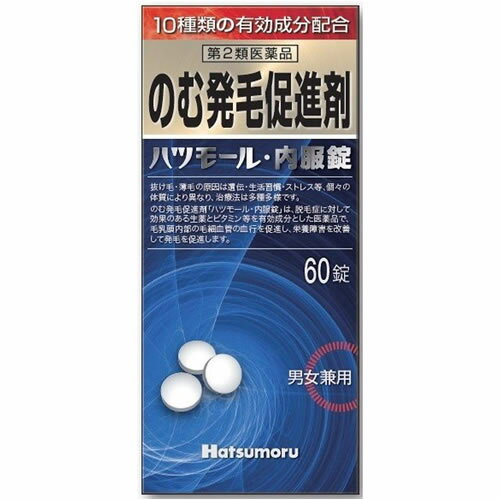 使用上の注意 ●してはいけないこと (守らないと現在の症状が悪化したり、副作用・事故が起こりやすくなる) 1.次の人は使用しないこと (1)小児(15歳未満の人) (2)適応症(脱毛症)以外の人 ●相談すること 1.次の人は使用前に医師又は薬剤師に相談すること (1)医師の治療を受けている人。 (2)妊婦又は妊娠していると思われる人。 (3)本人または家族がアレルギー体質の人。 (4)薬によりアレルギー症状を起こしたことがある人。 2.次の場合は直ちに使用を中止し、この文書を持って医師又は薬剤師に相談すること (1)服用後症状があらわれた場合。 関係部位 症状 皮膚 発赤、発疹、かゆみ 消化器系 悪心、嘔吐、下痢、腹痛 効果・効能 粃糠性脱毛症、円形脱毛症 用法・用量 成人1日6錠を水またはお湯で2-3回に分けて服用すること。 (用法・用量に関する注意) 1.用法・用量を厳守すること。 2.錠剤の取り出し方 錠剤の入っているPTPシートの凸部を指先で強く押して、裏面のアルミ箔を取り、取り出して服用すること。 (誤ってそのまま飲み込んだりすると食道粘膜に突き刺さる等思わぬ事故につながる) 成分・分量 「6錠(成人の1日の服用量)中」 成分 分量 働き カンゾウ末 500.202mg 炎症やアレルギーを抑える イノシトールヘキサニコチネート 480mg 抹消血管を拡張し、血行をよくする。 セファランチン 0.015mg 抹消血管拡張作用により毛成長を促進する。免疫機能を増強する。 酒石酸アリメマジン 0.03mg 抗ヒスタミン作用があり、かゆみを抑える。 パントテン酸カルシウム 497.298mg 毛髪や皮膚の栄養状態を整える 塩酸チアミン(ビタミンB1) 2.49mg 神経や筋肉の働きをよくする。糖質を分解してエネルギーに変える。 リボフラビン(ビタミンB2) 0.996mg 皮膚、爪、毛髪の成長を促進する。 塩酸ピリドキシン(ビタミンB6) 2.49mg 皮脂腺の働きを正常化し、過剰な皮脂の分泌を抑制する。 アスコルビン酸(ビタミンC) 12.45mg 血管、皮膚、粘膜、免疫力を強化する。 ニコチン酸アミド 4.98mg 血行を促進する、神経に働き、ストレスを解消する *添加物：乳糖水和物、バレイショデンプン、リン酸水素カルシウム水和物、ヒドロキシプロピルセルロース、クロスカルメロースナトリウム、タルク、ステアリン酸マグネシウム、ヒプロメロースフタル酸エステル、グリセリン脂肪酸エステル、酸化チタン、カルナウバロウ 保管及び取扱い上の注意 1.小児の手の届かない所に保管すること。 2.直射日光を避け、なるべく涼しいところに密栓をして保管すること。 3.誤用をさけ、品質を保持するため、他の容器に入れかえないこと。 4.使用期限を過ぎた製品は服用しないこと 製造元 株式会社 田村治照堂 お客様相談室 住所：546-0035 大阪市東住吉区山坂3-6-15 電話：06-6622-6482 受付時間：月-金曜日 9：00-17：00(祝祭日を除く) ●製造販売元 株式会社 田村治照堂 大阪市東住吉区山坂3-6-15 リスク区分 第2類医薬品 広告文責 株式会社ケンコーエクスプレス 薬剤師:岩崎喜代美 TEL:03-6411-5513&nbsp;飲む発毛促進剤　「医薬品」 脱毛症の改善に。 ハツモ−ル・内服錠は脱毛症に対して有効な薬剤の複合体で局所栄養障害を改良し、毛乳頭の発毛機能をよみがえらせます。 粃糠性脱毛症の原因になる血液中の脂質過多を正常にして脱毛部をよくする作用があります。 また、ストレスや自律神経障害による脱毛症には内科的な精神安定を補助し、体内より栄養を補給して皮下組織を良好にし、発毛しやすい体質にします。 毛乳頭の発毛機能をよみがえらせます。