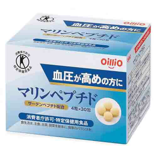 商品名 マリンペプチド 内容量 1.0g(250mg×4粒)×30包 お召し上がり方 1日4粒(1包)を目安にお召し上がり下さい。 原材料 サーデンペプチド（イワシペプチド）、還元麦芽糖水飴、結晶セルロース、ショ糖脂肪酸エステル、セラック、甘味料（ステビア） 栄養成分表示(4粒（1.0g） 当たり) 熱量:3.95Kcalたんぱく質:0.44g脂質:0.03g炭水化物:0.48gナトリウム:5〜10mgサーデンペプチド(バリルチロシンとして):0.4mg 許可表示 本品はバリルチロシンを含むサーデンペプチドを配合しており、血圧が高めの方に適した食品です。 商品詳細 日清オイリオ「マリンペプチド」は、「血圧が高めの方」に適した特定保健用食品です。イワシのたんぱく質から作られたサーデンペプチドを配合した飲みやすい粒タイプです。・本品は、消費者庁許可 特定保健用食品です。・バリルチロシンを含むサーデンペプチドを配合しており、血圧が高めの方に適した食品です。・マリンペプチドで、イワシを食べるよりも効率よくサーデンペプチドを摂取できます。・飲みやすい粒タイプです。・1日4粒を目安にかまずに、水またはお湯でお召し上がりください。 摂取上の注意 ・本品は治療を目的とした食品ではありません。・長期間のご使用により、まれにせきがでることがありますので、医師にご相談ください。・妊娠中の方、腎不全の方は医師とご相談の上、摂取してください。 保存方法 高温、多湿、直射日光を避けて保存してください。 販売元 日清オイリオグループ株式会社104-8285 東京都中央区新川1-23-1TEL0120-016-024 広告文責 刈谷みさき薬局 TEL 0566-22-2491 区分 特定保健用食品