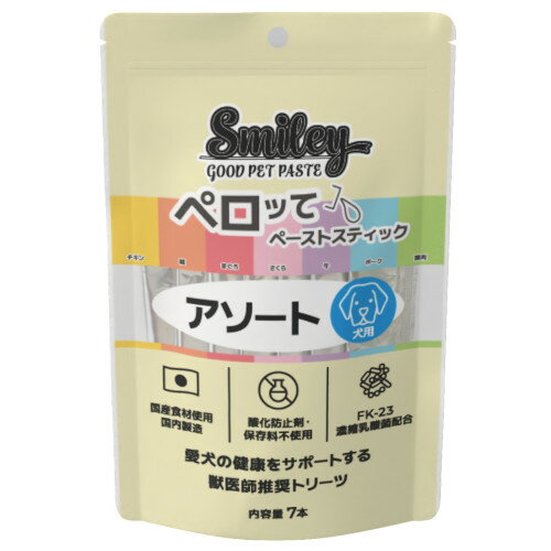 ※「メール便」での配送は6個まで可能です。愛犬の好きを探せる7種の味がセット 飽きずに色々な味が楽しめる【特長】お肉たっぷりのペーストタイプのおやつ食べやすいペースト状で、スムーズに栄養補給をサポートFK-23濃縮乳酸菌配合で健康維持をサポート【原材料】チキン：鶏むね肉、寒天粉、こんにゃく粉、FK-23濃縮乳酸菌、ポーク：豚肉、寒天粉、こんにゃく粉、FK-23濃縮乳酸菌、まぐろ：まぐろ、寒天粉、こんにゃく粉、FK-23濃縮乳酸菌、さくら：馬肉、寒天粉、こんにゃく粉、FK-23濃縮乳酸菌、鮭：鮭、寒天粉、こんにゃく粉、FK-23濃縮乳酸菌、牛：牛肉、寒天粉、こんにゃく粉、FK-23濃縮乳酸菌、鹿肉：鹿肉、寒天粉、こんにゃく粉、FK-23濃縮乳酸菌【栄養成分】チキン：粗たん白：5.4％、粗脂肪：3.6％、粗繊維：0.1％未満、水分：88.1％、粗灰分0.2％、代謝エネルギー：5.9kcal/本ポーク：粗たん白：6.2％、粗脂肪：2.9％、粗繊維：0.1％未満、水分：89.3％、粗灰分0.1％、代謝エネルギー：5.1kcal/本まぐろ：粗たん白：10.8％、粗脂肪：0.4％、粗繊維：0.1％未満、水分：87.3％、粗灰分0.6％、代謝エネルギー：4.4kcal/本さくら：粗たん白：8.5％、粗脂肪：0.8％、粗繊維：0.1％未満、水分：89.4％、粗灰分0.2％、代謝エネルギー：4.0kcal/本鮭：粗たん白：7.1％、粗脂肪：5.1％、粗繊維：0.1％未満、水分：84.8％、粗灰分0.2％、代謝エネルギー：7.8kcal/本牛：粗たん白：6.1％、粗脂肪：4.8％、粗繊維：0.1％未満、水分：86.2％、粗灰分0.1％、代謝エネルギー：7.2kcal/本鹿：粗たん白：7.1％、粗脂肪：0.4％、粗繊維：0.1％未満、水分：92.0％、粗灰0.2分％ 、代謝エネルギー：2.9kcal/本【原産国】日本【1日あたりの給与量】・犬の体重5kgごとに1日1本（10g）を目安に与えてください。・量は年齢、季節、猫種、運動量によって異なります。・基本的には愛猫の体調に応じて与えてください。・そのままおやつとして、またはフードのトッピングとして与えてください。【保存及び取扱いの注意】・本製品は犬専用です。・開封後は出来るだけお早めにご使用ください。・高温多湿・直射日光を避けて保管してください。・小児の手の届かないところに保管してください。・賞味期限の過ぎた製品は与えないでください。
