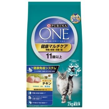 ■ペット専門栄養士による「健康6要素」を考えた栄養設計。1. 理想的な体格良質なたんぱく質と適切なカロリー管理で理想的な体格の維持2. 健康な歯噛みやすく、歯ごたえのある粒で、噛むことにより歯垢と歯石が蓄積されにくいように配慮。3. 皮膚・被毛の健康と目の輝きオメガ6脂肪酸と良質なたんぱく質配合。また適切な量のビタミンA、タウリンを配合。4.免疫力の維持ビタミンEなどの抗酸化成分を配合し、健康を維持することで免疫力を保つ。5.健康的な骨格と関節カルシウムとリンをバランスよく含むミネラル類とビタミン類の補給6.消化吸収性と便消化吸収性の良い新鮮で良質な原材料を配合。健康的な便をサポート。■11歳以上の猫の心配な健康要素をまとめてケア！猫の11歳はエイジングによる変化が見え始める時期。痩せ始めや腎臓の健康に注意してください。・腎臓と尿路の健康ケアリンの含有量を適切に調整。抗酸化成分が腎臓の健康維持をサポート。ミネラルバランスの調整によるpHコントロールで尿路の健康ケア。・お腹の健康ケア消化に優れた原材料を使用。プレバイオティクスがお腹の健康維持をサポート。・脳の健康ケアDHA、コリン、ビタミン、ミネラルを適切に配合。いつまでも賢い頭脳で機敏な毎日を。■健康免疫システムで健康サポート3つの栄養素の特別な配合で健康を保ち、体の内と外の両面から免疫力を維持します。・βグルカン腸を健康に保ち、体の内側のバリア機能を維持・オメガ3必須脂肪酸＆オメガ6脂肪酸皮膚の健康を保ち、体の外側のバリア機能を維持・ビタミンE＆C抗酸化成分が愛猫本来の健康な免疫力を維持。【原材料】チキン、チキンミール、コーングルテン、小麦、米、脱脂大豆、鶏脂(オメガ6脂肪酸源)、フィッシュミール、小麦たんぱく、たんぱく加水分解物、可溶性繊維(プレバイオティクス源)、魚油(オメガ3脂肪酸(DHA)源)、酵母(βグルカン源)、ミネラル類(カルシウム、リン、カリウム、ナトリウム、クロライド、マグネシウム、鉄、銅、マンガン、亜鉛、ヨウ素、セレン)、ビタミン類(A、D、E、K、B1、B2、パントテン酸、ナイアシン、B6、葉酸、ビオチン、B12、コリン、C)、アミノ酸類(メチオニン、タウリン)※合成着色料、香料 無添加【保証成分】たんぱく質38％以上、脂質15％以上、粗繊維3％以下、灰分8.5％以下、水分12％以下【エネルギー】約375kcal/100g【給与方法】・シニア猫がフードをいつでも食べられるように用意し、1日の量を与えてください。・給与量は11歳以上のシニア猫の平均的な栄養要求を基に作られています。適切な体型を維持するために必要な量は、代謝量、体重、運動量、年齢や避妊・去勢の有無などによって異なります。ピュリナの専門家は給与量を目安として提供しています。パッケージ記載の給与量で猫の体重が減少したり、増えすぎたりした場合は量を調節してください。【保管方法】・直射日光や高温多湿を避け、小児の手の届かない涼しく風通しの良い室内・屋内で保管してください。・保管の際は虫などが入らないようにご注意下さい。・開封後は密閉して保存し、お早めにお使いください。【賞味期限】540日【原産国または製造地】オーストラリア【諸注意】・粒により原料由来の自然な色合いの違いが見られる事があります。また、製造上、形状や大きさにバラつきが生じることがあります。・粒の表面にみられる粉は旨み成分です。***************お取り寄せ商品のため、入荷後の発送となります。●ご注文日時により2〜7日後の発送となります。●メーカー欠品の場合は別途メールにてご連絡させていただく場合がございます。***************