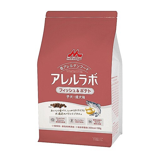 【特長】おいしく食べてしっかりケアできる大満足のバランスごはん♪・吟味された原材料を使用した子犬・成犬用のフードです。・アレルゲンになりにくいといわれる魚とポテトが主原料の低アレルゲンフードです。・たんぱく質は高品質な魚が主体で、アミノ酸バランスにすぐれています。・脂質は脂肪酸（DHA・EPAなどのオメガ脂肪酸）のバランスと質・量に配慮、愛犬の健康を維持することで健康な皮膚や毛づやの維持に役立ちます。・低脂質にしています。（当社おなかラボ成犬用比：約25％減）・腸管内の臭いを吸着し、便臭をやわらげるユッカ抽出物を配合しています。・保存料、着色料は使用していません。【原材料】ポテト、サーモンミール、ホワイトフィッシュミール、動物性油脂(オメガ3、6脂肪酸源)、植物性油脂(オメガ3、6脂肪酸源)、トマトポマス、フィッシュダイジェスト、ビタミン類(A、D、E、K、B1、B2、B6、B12、パントテン酸、ナイアシン、葉酸、ビオチン、コリン)、ミネラル類(Ca、P、Na、Cl、Fe、I、Se、Co、キレートミネラル［Cu、Mn、Zn］)、L−トレオニン、ユッカ抽出物、酸化防止剤(ミックストコフェロール、ローズマリーエキス)【栄養成分】たんぱく質22.0％以上、脂質12.0％以上、粗繊維4.0％以下、灰分8.3％以下、水分10.0％以下エネルギー:355kcal(100gあたり)【原産国】アメリカ【1日あたりの給与量】・給与回数は子犬1日2～4回、成犬1日2～3回が一般的です。なお、給与量は犬種、運動量、気温などにより異なります。活動的な成犬(19ケ月齢以降)には給与量の10％増を、妊娠・授乳期の母犬には30％増を目安に与えてください。・いつでも新鮮な水が飲めるようにご用意ください。【保存及び取扱いの注意】・高温多湿、直射日光を避け、乾燥した冷暗所に保存してください。・特に開封後の保存はカビや虫の害を受けないように注意してください。・原材料の特性のためにロットにより商品の色調や大きさが異なることがあります。