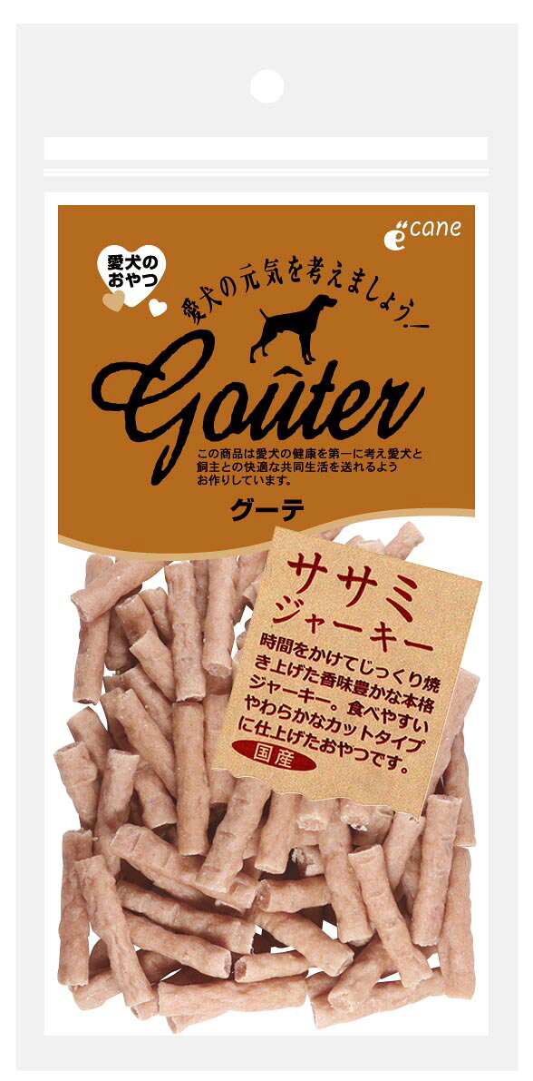※「メール便」での配送は3個まで可能です。長時間じっくり焼き上げた香味豊かな本格ササミジャーキーです。とってもやわらかく、食べやすいサイズで小型犬やシニアにも安心です。【原材料】肉類（鶏肉）、小麦粉、増粘安定剤（ソルビトール）、大豆たん白、コラーゲン、小麦グルテン、プロピレングリコール、食塩、pH調整剤、難消化性デキストリン、保存料（ソルビン酸K、デヒドロ酢酸Na）、酸化防止剤（エリソルビン酸Na）、発色剤（亜硝酸Na）、ビタミンE【栄養成分】粗タンパク質:35.0％以上粗脂肪:8.0％以上粗繊維:2.0%以下粗灰分:5.0%以下水分:28.0%以下100g当たりエネルギー:300kcal【原産国】日本