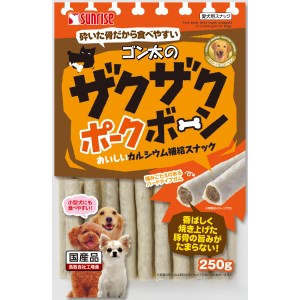 噛みごたえがある「ハードタイプガム」の中に、香ばしく焼き上げた「豚骨」を入れたスナックです。硬い骨を細かく砕いてあるので小型犬にも食べやすく、ザクザクとしたおいしい食感が味わえます。原材料/材質穀類、でん粉類、肉類（豚骨等）、魚介類、乳類、リン酸化オリゴ糖カルシウム、ミネラル類（リン酸カルシウム、炭酸カルシウム）、増粘安定剤（グリセリン）、品質保持剤（プロピレングリコール）、保存料（ソルビン酸カリウム）、酸化防止剤（エリソルビン酸ナトリウム、ミックストコフェロール、ローズマリー抽出物）成分たん白質・・・12.5％以上、脂質・・・2.0％以上、粗繊維・・・2.0％以下、灰分・・・13.0％以下、水分・・・20.0％以下原産国：日本