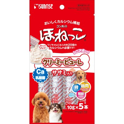 鶏肉をベースにとろっと濃厚に仕上げたピューレ状のほねっこにヘルシーな鶏ササミを配合しました。骨・関節・筋肉の健康維持に配慮したおいしくカルシウム補給ができる健康サポートスナックです。【原材料】肉類（チキン、鶏ササミ等）、でん粉類、油脂類、乳類（ミルクカルシウム等）、乳酸菌、グルコサミン、コンドロイチン、ミネラル類（リン酸カルシウム、炭酸カルシウム、焼成カルシウム）、増粘安定剤（グアーガム）、アミノ酸類（ロイシン、リジン、バリン、イソロイシン、スレオニン、フェニルアラニン、メチオニン、ヒスチジン、トリプトファン）【成分値】たんぱく質7.0％以上、脂質1.0％以上、粗繊維1.2％以下、灰分2.5％以下、水分89.0％以下【備考】■犬用間食■原産国：タイ■カロリー：43kcal/100g※「メール便」での配送は 6個まで可能です。当店在庫処分品のためアウトレット価格です。パッケージや商品の一部に凹みや傷・汚れ・不良等がある場合がございます。ご了承の上、ご注文いただけますよう、宜しくお願い申し上げます。賞味期限は3ヶ月以上はあるものとなります。※当店では複数店舗で在庫を共有している為、ご注文のタイミングによっては「完売」となる場合がございますので予めご了承ください。