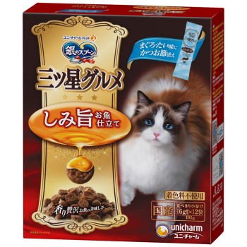 ◇ユニチャーム 銀のスプーン三ツ星グルメ しみ旨お魚仕立てまぐろ・たい味にかつお節添え 192g