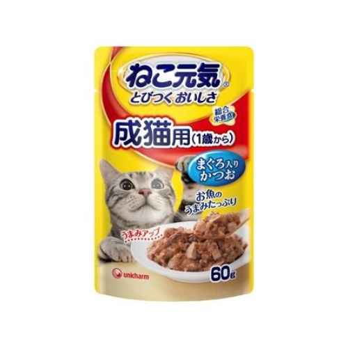 ◇ユニチャーム ねこ元気 総合栄養食 成猫用 1歳から まぐろ入りかつお 60gパウチ