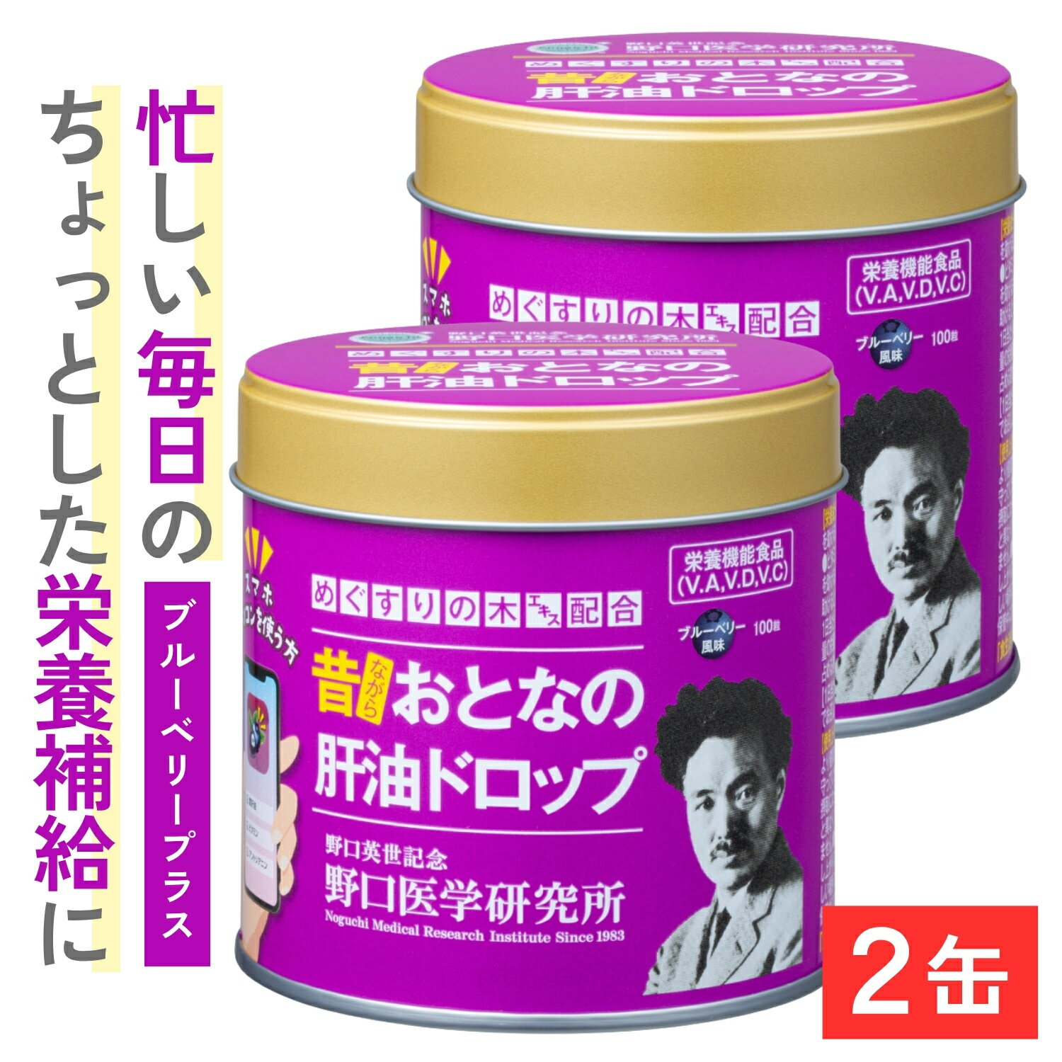 Rakuten - 昔ながら 大人の肝油ドロップ ブルーベリープラス 100粒×2缶 葉酸 鮫肝油 乳酸菌 めぐすりの木 アントシアニン ビタミンA・C・D補給