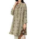 ピンタックプリントチュニック ベージュ×レンガ系 チュニック 長袖 バンドカラー レディース 婦人服 ミセス シニア 女性 ベージュ フェミニン 花柄 蔦模様 ...