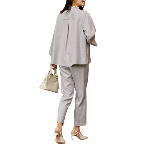 セットアップ ライトグレー ジャケット パンツ スーツ 七分袖 レディース ノーカラージャケット＆パンツセット 婦人服 ミセス シニア 女性 7分袖 体型カバー テーパードパンツ 無地 シンプル 上品 40代 50代 60代 70代 80代 90代 母の日 お母さん 春夏　nss　p27277 kenkoukaiteki-10016844 健康と快適生活 楽天市場店 サンプル画像2