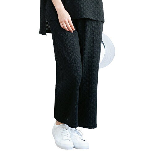 セットアップ 五分袖 カットソー ロングパンツ レディース ふくれジャカード リラックスセットアップ ブラック 婦人服 ミセス シニア 女性 丸首 体型カバー フェミニン 上品 シニアファッション 40代 50代 60代 70代 80代 90代 母の日 お母さん 春夏　nss　p27280 kenkoukaiteki-10016842 健康と快適生活 楽天市場店 サンプル画像3