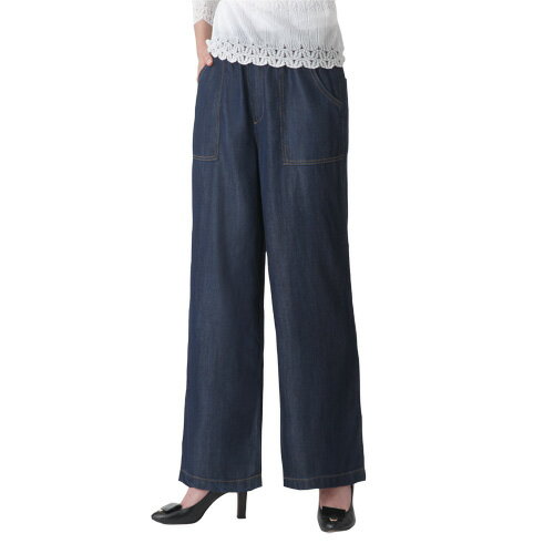 ワイドデニム 長ズボン レディース デニム調テンセル ワイドパンツ 2色組 婦人服 ミセス シニア 女性 ブルー ネイビー 青 紺色 ボトムス ウエストゴム ロングパンツ カジュアル シニアファッション 40代 50代 60代 70代 80代 母の日 お母さん 春夏 pos natu p17466