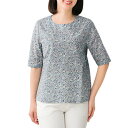 カットソー Tシャツ ブラウス レディース 花柄 丸首 日本製 綿100% 小花柄プリントブラウス ブルー系 五分袖 婦人服 ミセス シニア 女性 コットン か...