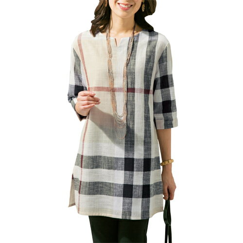 チュニック 五分袖 変わり織 チェック柄チュニック 2色組 ベージュ コーラル レディース 婦人服 ミセス シニア 女性 チュニックブラウス 赤 格子柄 大きめチェック シニアファッション 50代 60代 70代 80代 母の日 お母さん コットン おしゃれ 春夏　pos　fri　p19913