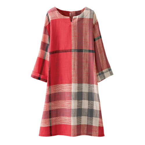 チュニック 五分袖 変わり織 チェック柄チュニック 2色組 ベージュ コーラル レディース 婦人服 ミセス シニア 女性 チュニックブラウス 赤 格子柄 大きめチェック シニアファッション 50代 60代 70代 80代 母の日 お母さん コットン おしゃれ 春夏　pos　fri　p19913