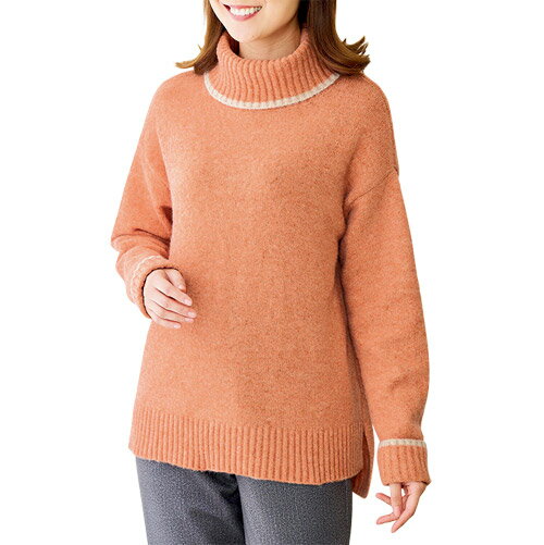 ニット セーター タートルネック レディース 首元まで暖かふんわり素材のライン入りニット 全2色 婦人服 ミセス シニア 女性 ベージュ オレンジ ポロネック とっくりセーター シンプル 50代 60代 70代 80代 母の日 お母さん 秋物 冬物 秋冬　pos　fri　p25054のサムネイル