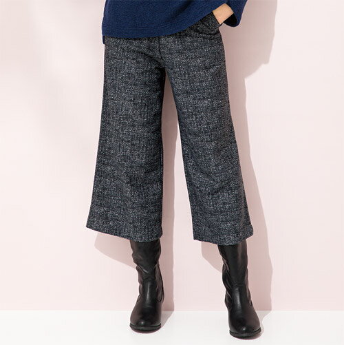ワイドパンツ ミモレ丈 レディース きれいめ 日本製 裏起毛 ツイード調 プリント ワイドパンツ 全2色 婦人服 ミセス シニア 女性 ブラック グレー 裏起毛パンツ シニアファッション 40代 50代 60代 70代 80代 母の日 お母さん おばあちゃん 秋冬　pos　fuji　p24800