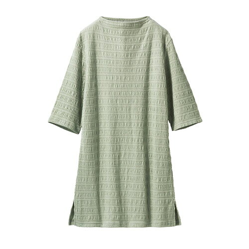 涼やか綿混ジャカードチュニック 2色組 五分袖 チュニック カットソー ハイネック モックネック レディース 婦人服 ミセス シニア 女性 グリーン グレー 体型カバー 無地 シンプル シニアファッション 40代 50代 60代 70代 80代 母の日 お母さん 春夏　pos　fri　p25573