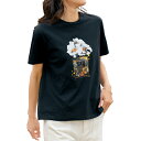 イラストプリント Tシャツ 2色組 Tシャツ クルーネック 丸首 ブラック ホワイト レディース 婦人服 ミセス シニア 女性 黒 白 ワンポイント 花 女の子 自転車 ビジュー 華やか シニアファッション 40代 50代 60代 70代 80代 90代 母の日 お母さん 春夏 pos nss p27270