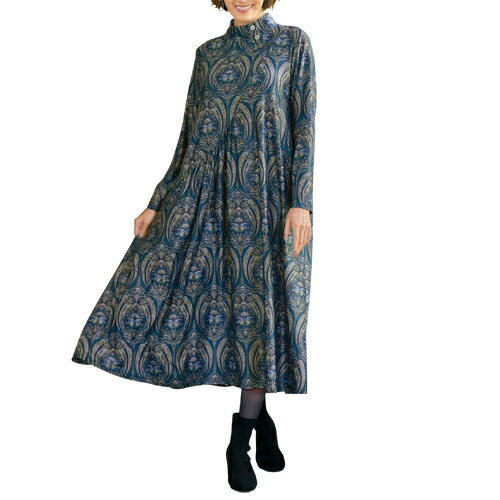 ダマスク柄 風ジャージーワンピース ブルーグリーン系 ワンピース ロング ハイネック 長袖 ダマスク模様 レディース 婦人服 ミセス シニア 女性 大人 青緑 スタンドカラー 上品 優雅 シニアファッション 40代 50代 60代 70代 80代 90代 母の日 お母さん 秋冬　nss　p27629