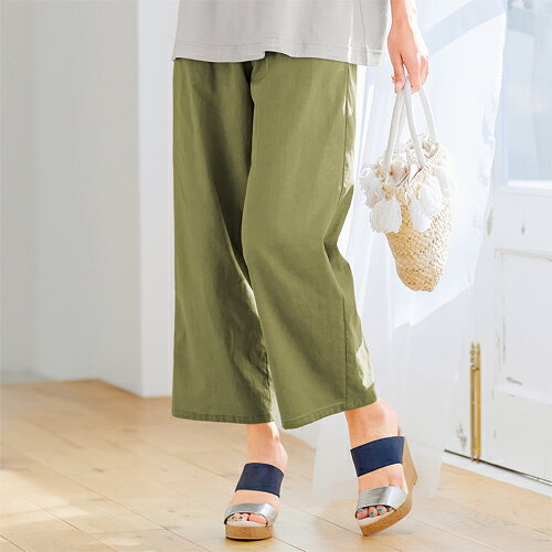 Semi-wide leg pants, cropped length, women's, breezy double gauze pants, 2 colors available, ladies' clothing, Mrs., senior women, khaki, navy, plain, cotton, soft, cropped length, simple, senior fashion, 40s, 50s, 60s, 70s, 80s, 90s, Mother's Day, mom, spring/summer, dz p27119