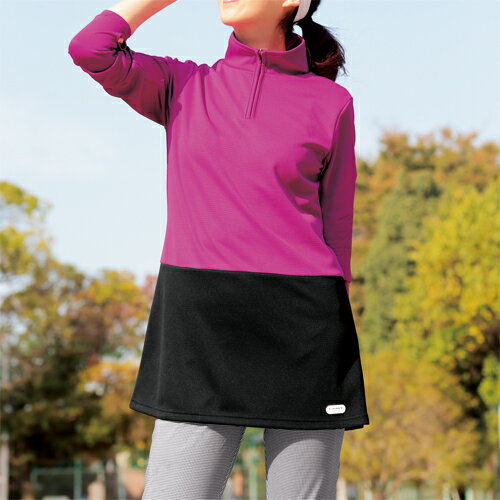 日本製 吸汗速乾スポーツチュニック 全3色 チュニック ジップアップ ハイネック 長袖 レディース 婦人服 ミセス シニア 女性 ブラック カーキ ピンク 黒 日焼け 紫外線 対策 無地 バイカラー ツートーン シンプル 50代 60代 70代 80代 母の日 お母さん 春夏　pos　dz　p27159