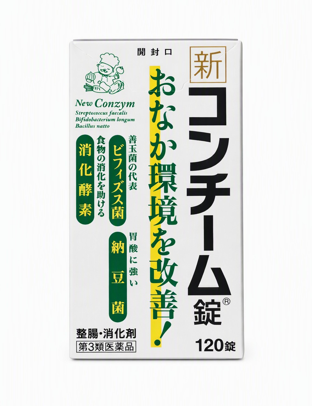 特徴新コンチーム錠は，ビフィズス菌，乳酸菌，納豆菌の3種の整腸生菌に乾燥酵母，消化酵素，制酸剤やビタミンを配合した整腸・消化の作用をもった総合胃腸薬です。3種類の整腸生菌（ビフィズス菌，乳酸菌，納豆菌）が腸内の善玉菌を増やし，悪玉菌の増殖を抑えることで，腸内環境を整えます。乾燥酵母が胃腸の働きを整えるとともに，乳酸菌の増殖を促進します。消化酵素（ビオヂアスターゼ1000，セルラーゼAP3）が胃腸の消化機能を助けます。使用上の注意相談すること1．次の人は服用前に医師，薬剤師又は登録販売者に相談してください（1）医師の治療を受けている人（2）薬などによりアレルギー症状を起こしたことがある人（3）次の診断を受けた人甲状腺機能障害（4）抗凝血剤「ワルファリン」を服用している人2．服用後，次の症状があらわれた場合は副作用の可能性があるので，直ちに服用を中止し，この文書を持って医師，薬剤師又は登録販売者に相談してください［関係部位：症状］皮膚：発疹・発赤，かゆみ3．服用後，次の症状があらわれることがあるので，このような症状の持続又は増強が見られた場合には，服用を中止し，この文書を持って医師，薬剤師又は登録販売者に相談してください便秘4．2 週間位服用しても症状がよくならない場合は服用を中止し，この文書を持って医師，薬剤師又は登録販売者に相談してください効能・効果消化促進，消化不良，食欲不振（食欲減退），食べ過ぎ（過食），もたれ（胃もたれ），胸つかえ，消化不良による胃部・腹部膨満感，整腸（便通を整える），腹部膨満感，軟便，便秘用法・用量次の量を毎食後に服用してください［年齢：1回服用量：1日服用回数］成人（15才以上）：4錠：3回8才以上15才未満：3錠：3回5才以上8才未満：2錠：3回5才未満：服用しないこと〈用法・用量に関連する注意〉（1）定められた用法・用量を厳守してください（2）小児に服用させる場合には，保護者の指導監督のもとに服用させてください成分・分量12錠中乾燥酵母(ビール酵母）2070mgラクトミン（乳酸菌末）36mgビフィズス菌30mg納豆菌末100mgビオヂアスターゼ1000 40mgセルラーゼAP312mg沈降炭酸カルシウム425mgチアミン硝化物（ビタミンB1硝酸塩）9mgリボフラビン（ビタミンB2）3.6mg添加物としてヒドロキシプロピルセルロース，タルク，バニリン，セルロース，白糖，無水ケイ酸，ステアリン酸Mg保管及び取扱い上の注意（1）直射日光の当たらない湿気の少ない涼しい所に密栓して保管してください（2）小児の手の届かない所に保管してください（3）他の容器に入れ替えないでください（誤用の原因になったり品質が変わる）（4）使用期限をすぎた製品は服用しないでくださいお問い合わせ先日邦薬品工業株式会社お客様相談窓口：03-3370-7174受付時間：9時から17時（土、日、祝日を除く）販売会社日邦薬品工業（株）製造販売会社日東薬品工業株式会社商品区分：【第3類医薬品】日本製【広告文責】株式会社リバース TEL06-6121-2506